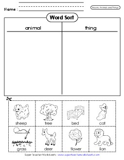 New Nouns Cut & Sort (Animals & Things)  Worksheet