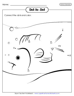 Dot-to-Dot: Fish (Roman Numerals I-X) Romannumerals Worksheet