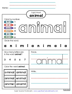 Worksheet 4: Animal Sight Words Individual Worksheet