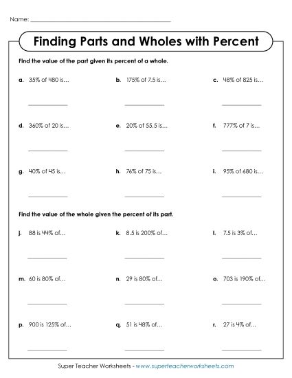 Finding Parts and Wholes with Percent Percents Worksheet