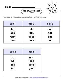 Whole Class Test (Unit 17) Sight Words Worksheet