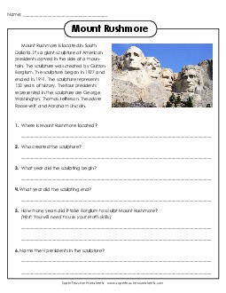 Mount Rushmore Reading Comprehension Worksheet