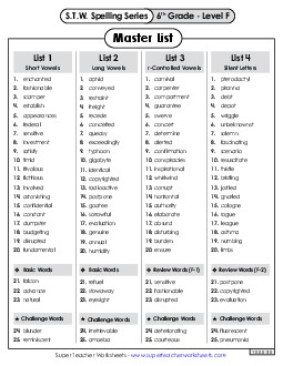 6th Grade Spelling: Master List Spelling F Worksheet