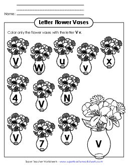 Letter V v Recognition - Vases Alphabet Worksheet