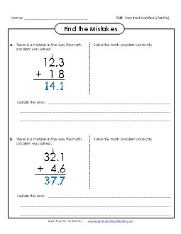 Find the Mistakes (Addition) Worksheet