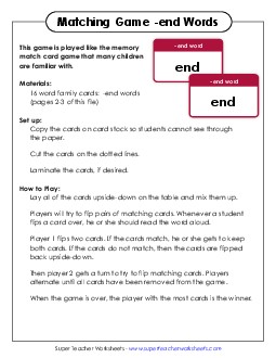 Memory Match Game (-end) Word Families Worksheet