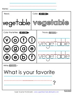 Worksheet 1: Vegetable Sight Words Individual Worksheet