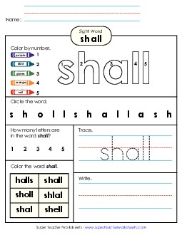 Worksheet 4: Shall Sight Words Individual Worksheet