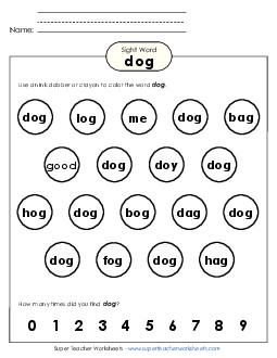 Dab or Color: Dog Sight Words Individual Worksheet