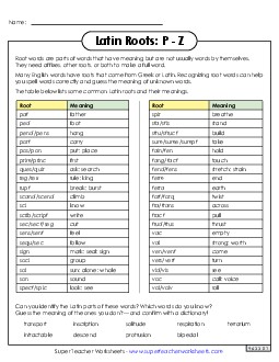 Latin Roots Reference Sheet: P Through Z Greek Latin Word Parts Worksheet