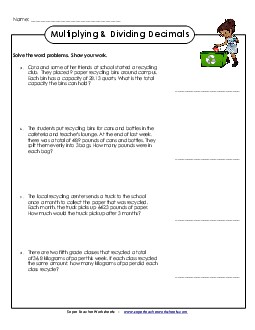 Word Problems: Multiplying & Dividing Decimals by 1-Digit Numbers Worksheet