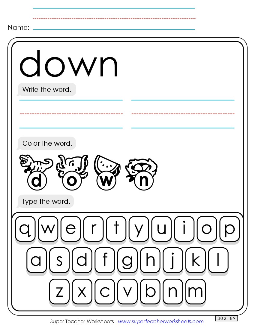 Write, Color, Type: Down Sight Words Individual Worksheet