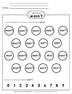 Dab or Color: Wasn\'t Sight Words Individual Worksheet