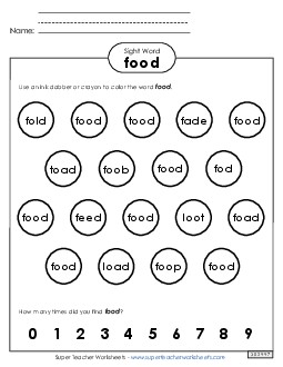 Dab or Color: Food Sight Words Individual Worksheet