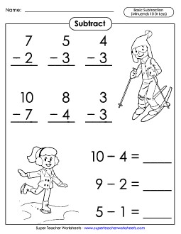 Basic Subtraction Facts: Winter Sports (Minuends 10 or Less) Worksheet