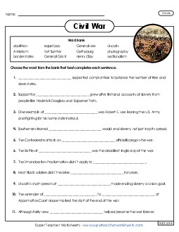 Civil War Cloze Activity Worksheet