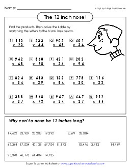 Math Riddle: 12-Inch Nose Multiplication Worksheet