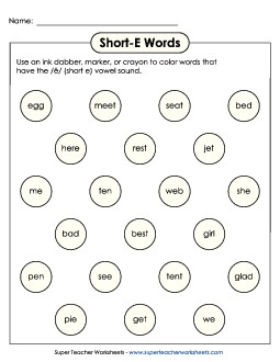 Dabber Activity (Short E) Phonics Long Short E Worksheet