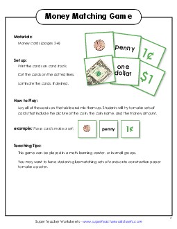 Cards: Coins & Bills (Basic) Counting Money Worksheet