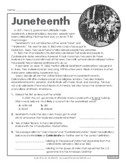 Juneteenth Article Reading Comprehension Reading Comp Short Worksheet