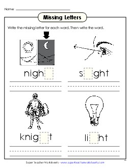 Missing Letters (-ight) Word Families Worksheet