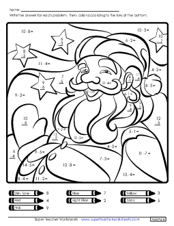 Basic Subtraction Math Picture: Santa Christmas Worksheet