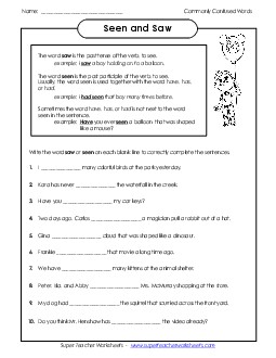 Commonly Confused Verbs: Saw and Seen Commonly Confused Words Worksheet