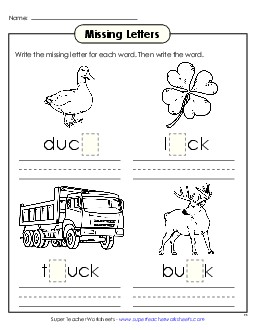 Missing Letters (-uck) Word Families Worksheet