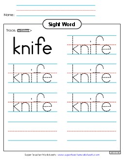 Trace the Word: Knife Sight Words Individual Worksheet