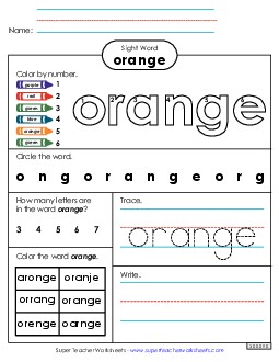 Worksheet 4: Orange Sight Words Individual Worksheet