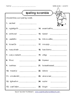 Word Scramble (D-Halloween)  Spelling D Worksheet