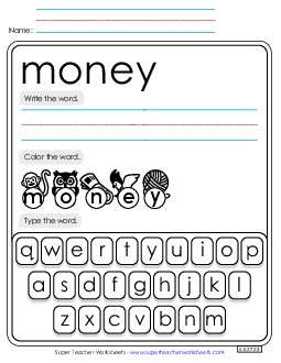 Write, Color, Type: Money Sight Words Individual Worksheet