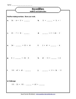 Addition and Subtraction Equations w/ Blank Lines Instead of Variables Worksheet