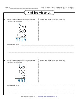 Find the Mistakes (3 Addends) Free Addition Worksheet