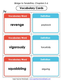 Vocabulary Cards for Chapters 5-6 Book Bridge To Terabithia Worksheet