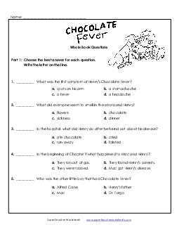 Whole Book Questions Book Chocolate Fever Worksheet