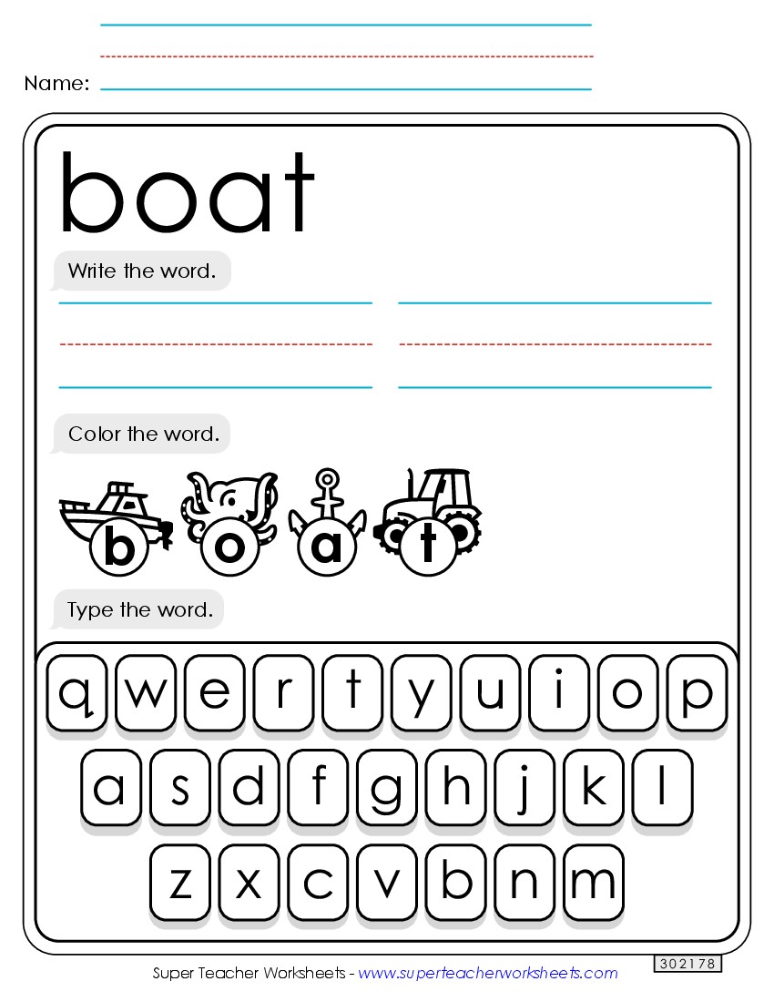 Write, Color, Type: Boat Sight Words Individual Worksheet