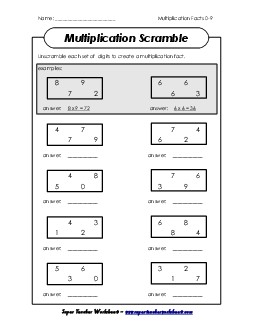 Scrambled Facts (0-9) Multiplication Worksheet