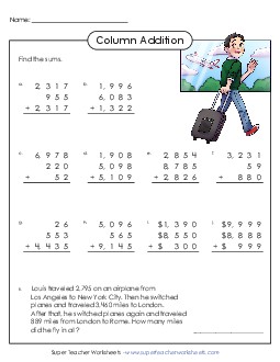 Column Addition: 4 Digits, 3 Addends Free Worksheet