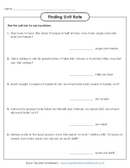 Finding Unit Rate (Basic) Worksheet