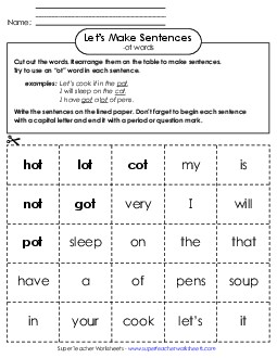 Make Sentences: Word Cards (-ot) Word Families Worksheet