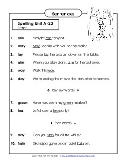 Spelling Test Sentences (A-23) Spelling A Worksheet