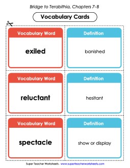 Vocabulary Cards for Chapters 7-8 Book Bridge To Terabithia Worksheet