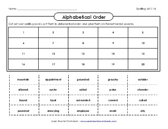 ABC order: Cut-and-Glue (E-14) Spelling E Worksheet