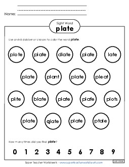 Dab or Color: Plate Sight Words Individual Worksheet