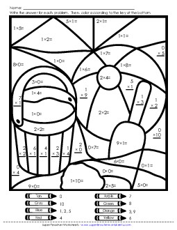 Multiplication: Beach (0s, 1s, 2s) Worksheet