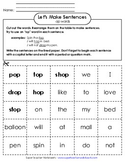 Make Sentences: Word Cards (-op) Word Families Worksheet