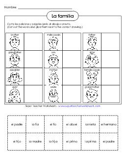 Cut-and-Glue: Family Spanish Vocabulary Worksheet