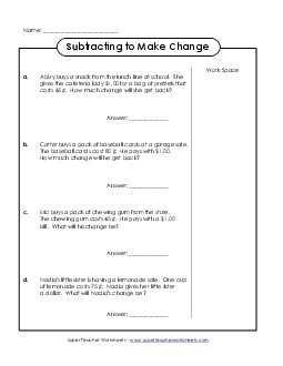 Subtracting to Make Change Under a Dollar (Basic) Subtraction Worksheet