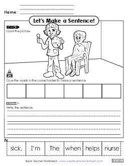 Build a Sentence: Nurse Community Helpers Worksheet